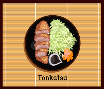 Japanese food tonkatsu design flat. Tonkatsu and japanese food, asian meal, dinner lunch, cuisine traditional, dish gourmet, restaurant delicious, tasty cooking, oriental culture, vector illustration