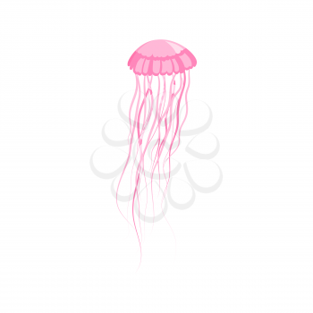 Pink jellyfish floating in space. Gelatinous pink jellyfish with long tentacles isolated on white background. Marine creature floating in the water. Inhabitant of underwater world. Vector illustration