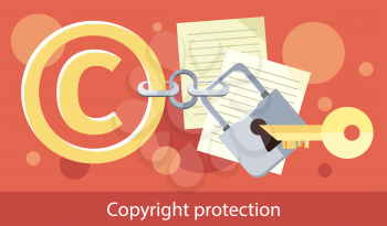 Copyright protection design flat. Copyright and protection, intellectual property symbol, patent and copyright law, piracy business, law property, secure mark license vector illustration