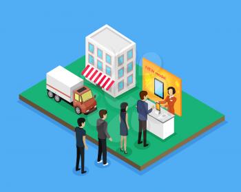 Sale and delivery new model device isometric style e queue of customers, men and women for the purchase of a new model of tablet or smartphone. Sales and fast delivery of goods. Vector illustration