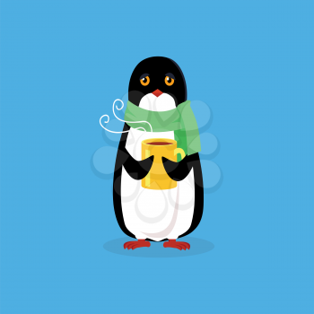 Animal penguin design flat. Bird penguin vector, cartoon polar animal winter isolated, penguin in scarf, wild penguin character with scarf and cup illustration