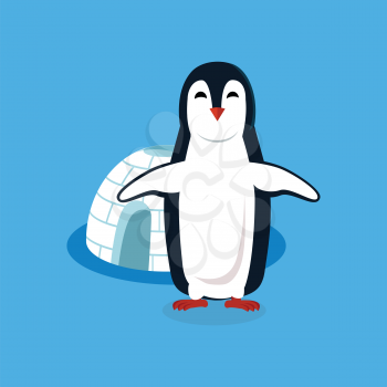 Animal penguin design flat. Bird penguin vector, cartoon polar animal winter isolated, wild penguin character near house vector illustration on blue background