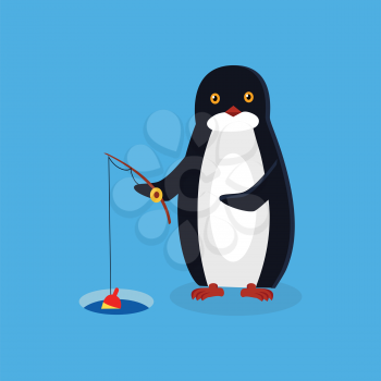 Animal penguin design flat. Bird penguin vector, cartoon polar animal winter isolated, wild penguin character fishing with a fishing rod illustration
