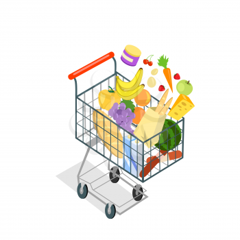 Shopping trolley products food. Shopping cart icon, supermarket and food, product grocery and cart shopping, vegetable vector illustration