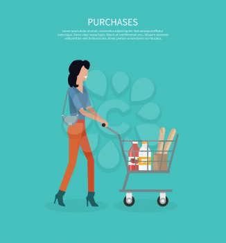 Woman with cart purchases design. Shop cart customer woman buy purchase, trolley with purchase, consumer with goods, food product in cart, buyer woman, shopper vector illustration