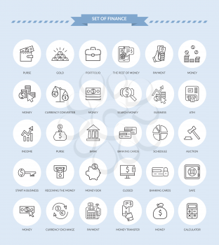 Set of thin, lines, outline financial service items icons, banking accounting tools, stock market global trading and money objects and elements. Flat thin line vector icons modern design style