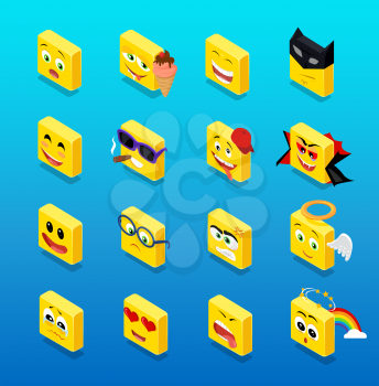 Isometric set smiley funny design. Smiley isometric, smile and smiley face, emoticons and square smiley icon, happy 3d smiley vector, face cartoon, emoticon funny  vector illustration