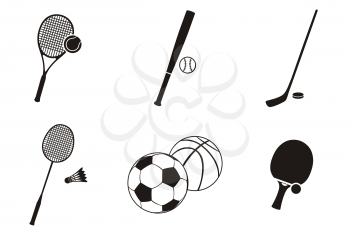 Sport icon black white design flat. Sports logo, fitness icon, sports balls, sports symbols, team ball game, soccer play, sport set icon, tennis and badminton vector illustration