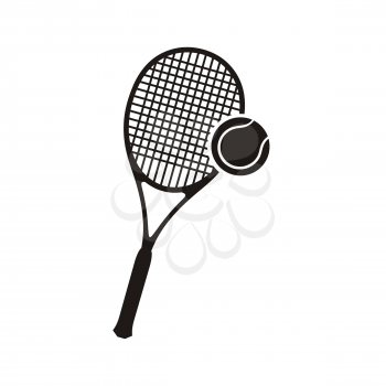 Monochrome black silhouettes racket and ball icon logo for tennis isolated on white background. Hobby activity sport game, combinated equipment racquet and ball symbol for tennis. Vector illustration