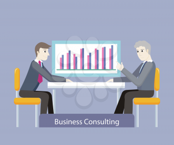 Business consulting. People on negotiations. Two businessman sitting on the chairs at the negotiating table and discussing business graph or chart, consultation in the office. Vector illustration
