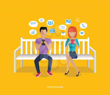 Internet addiction disorder technology. People man and woman game smartphone on bench, web addict, internet dependence, technology mobile addiction, social web addiction vector illustration