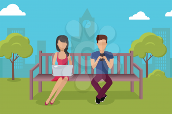 Internet addiction disorder technology. People man and woman game smartphone in park, web addict, internet dependence, technology mobile addiction, social web addiction vector illustration