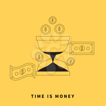 Time is money concept. Hourglass coins. Business currency and clock, dollar saving, watch and cash, sandwatch and monetary. Time management vector illustration. Black thin line on yellow background