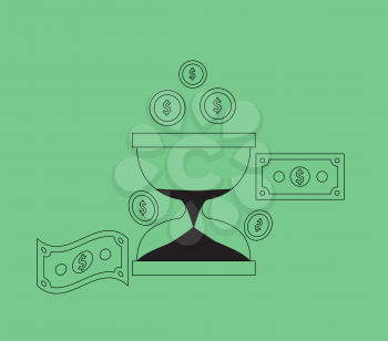 Time is money concept. Hourglass coins. Business currency and clock, dollar saving, watch and cash, sandwatch and monetary. Time management vector illustration. Black thin line on green background