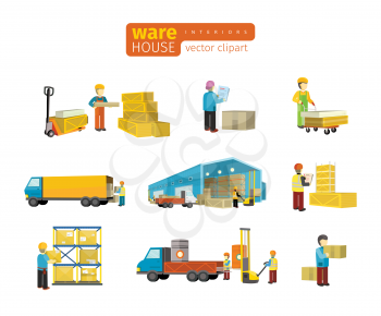 Set of equipment delivery process of the warehouse. Interior logisti and factory, warehouse building exterior, business delivery, storage cargo vector illustration