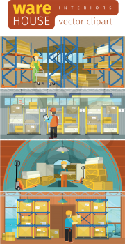 Concept infographics equipment warehouse. Delivery and cargo transportation, shipping service, industry freight and package, logistic industrial, export and distribution production vector illustration