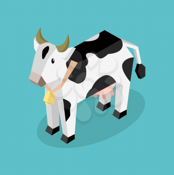 Black 3d cow with white spots. Isometric cow with a bell around her neck. Vector illustration