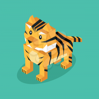 Isometric 3d tiger animal isolated. Beasts of prey isolated on a background. Wildlife and dangerous animal with fur and tail cover striped pattern in  isometric 3d style. Vector illustration