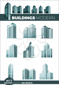 Skyscraper logo building icon set. Black building and isolated skyscraper, tower and office city architecture, house business building logo, apartment office vector illustration