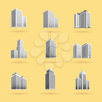 Skyscraper logo building icon set. Black building and isolated skyscraper, tower and office city architecture, house business building logo, apartment office vector illustration