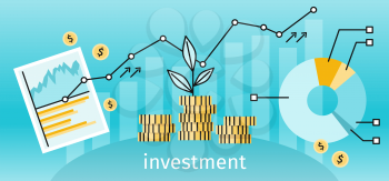 Finance investment concept banner. Graph or chart the growth of financial investment. Business Pie Chart increase in profits money. Metaphor sprout grew on a stack of gold coins. Vector illustration