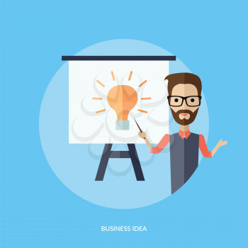 Businessman presentation business idea. Young adult man with glasses and beard shows pointer on the whiteboard with the image of a new idea in the form of a light bulb drawing. Vector illustration