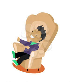 Satirical caricature edition design flat. Young man sitting in a comfortable chair and laughs looking humorous edition isolated on white background. Vector illustration