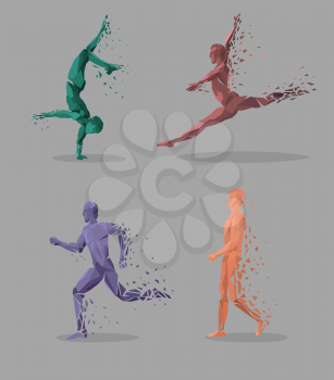Geometric particle run dance people. Colored geometric particles in the form of a set of people who are jumping run, tantsuyu and standing on one hand. Set sport athletes. Vector illustration