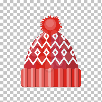 Winter red wool hat icon. Knitted winter woolen cap isolated on checkered background. Flat icon winter snowboard hat cap. Vector illustration