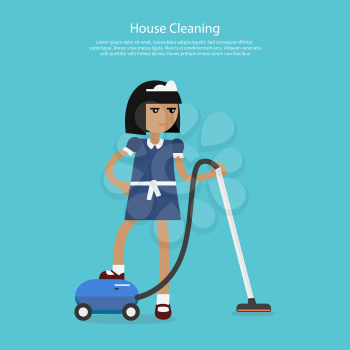 House cleaning template web page. Young girl or woman working in a maid uniform cleans with a vacuum cleaner isolated on background flat style. Home cleaning services  Vector illustration