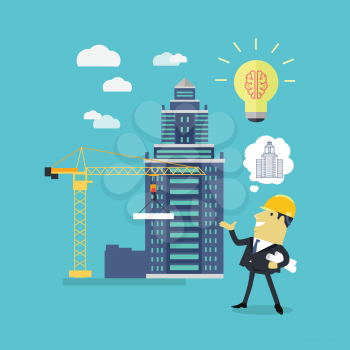 Implementation ideas architect. Successful architect in helmet and with blueprints in hand implements his idea of building a new building. Staff pleased with successes of colleges. Vector illustration