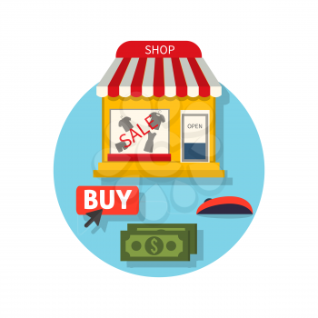 Online shop icon flat. Sale and buy. Buying in the internet shop. Selecting a product with the mouse cursor, the payment of money for the purchase. Showcase trendy clothing store. Vector illustration