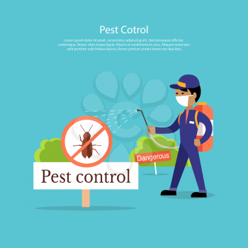 Pest control banner design flat. Service Employee pest control man in uniform with balloons and sprays. Banner for web page or website. Sign of a red circle with an insect. Vector illustration