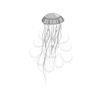 Monochrome jellyfish floating in space. Gelatinous jellyfish with long tentacles isolated on white background. Marine creature floating in water. Inhabitant of underwater world. Vector illustration