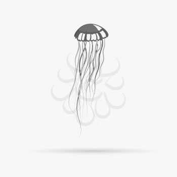 Monochrome jellyfish floating in space. Gelatinous jellyfish with long tentacles isolated on white background. Marine creature floating in water. Inhabitant of underwater world. Vector illustration