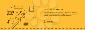 Template web page about digital marketing. Web site page with information about digital marketing. Hand holding a megaphone and around set of icons money and speech bubble. Vector illustration