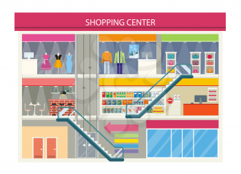 Shopping center buiding design. Shopping mall, shopping center interior, restaurant and boutique, store and shop with cafe, architecture retail, urban structure commercial vector illustration