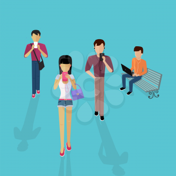 Group of people with gadgets. Men and women use their mobile phone device laptop, listening to music. Guy sitting on the bench with a laptop. Pretty girl goes with headphones. Vector illustration
