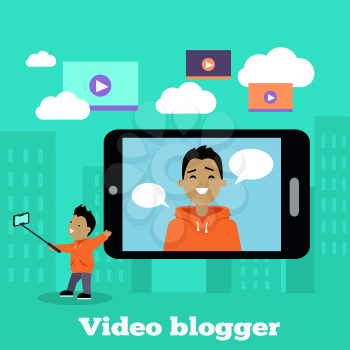 Boy video blogger with smart phone. Blogger takes a video with the help of sticks and selfie smartphone. Young guy preparing for his plot online blog. Shooting telephone. Vector illustration