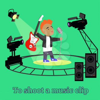 Music clip shooting camera and projector. Equipment for filming, professional camera on circular rails, it is glowing spotlight singer guitarist and speakers in studio green. Vector illustration
