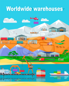 Worldwide warehouse design flat. Logistics container shipping and distribution. Transportation by water in the mountains in the desert and in the snow. Loading and unloading boxes. Vector illustration