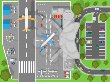 Airport top view. Terminal aircraft. Infrastructure of a large airport with hangars for aircraft and helicopter landing pad. Building of passenger terminal and parking for cars. Vector illustration