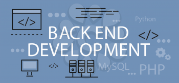 Back end development banner concept. Background or backdrop with elements icon on digital programming and development. Create proscale write scripts in java language design flat. Vector illustration