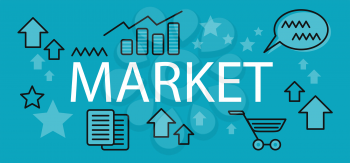 Market business concept banner. Background with element or icon on finance market. Elements signs and symbols for finance market. Charts and graphs of growth arrows and documents. Vector illustration