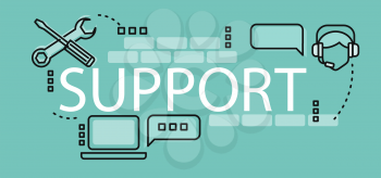 Support banner concept design flat style. Poster or a banner of support and technical advising for the web site or web page. Elements tools and laptop manager in headphones. Vector illustration