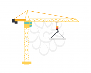 Lifting crane doing heavy lifting. Tower and harbor lifters. Flat style vector icon. Construction crane on white