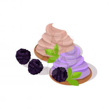 Part of cake with blueberries design. Birthday or wedding cake slice, chocolate dessert cookies, blueberries and chocolate, food sweet pie with, cream and fruit vector illustration