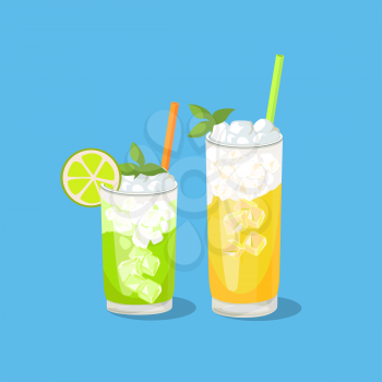 Cold alcohol coctails and other drinks isolated. Cocktail drink fruit juice in flat design style. Retro style holiday cocktail. Vector ilustration