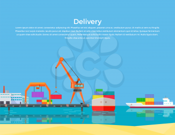 Cargo ship containers shipping. Delivery ship, cargo container, cargo truck, sea transport delivery, transportation delivery ocean, freight export delivery vector illustration