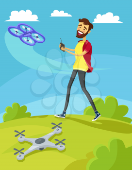 Man controls drone on lawn. Happy guy with beard and control panel for quadrocopters in hands in nature on green field design flat style. Innovative transportation technology. Vector illustration